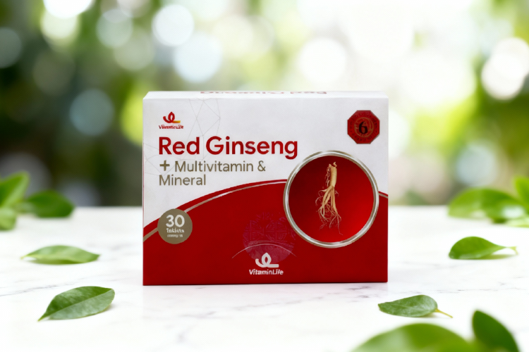 قرص رد جینسینگ پلاس مولتی ویتامین روی سطح مرمر سفید با برگ های سبز